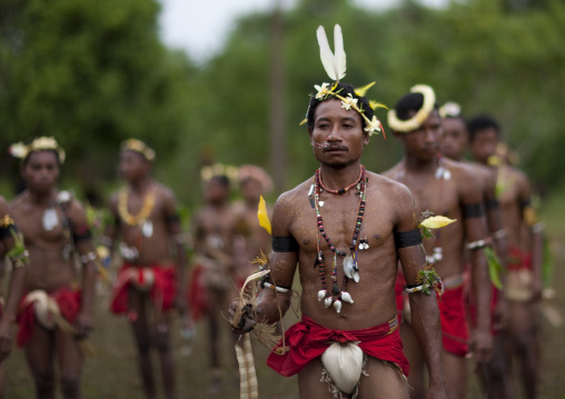 Tribal dancers in traditional clothing during a sing-sing, Milne Bay Province, Trobriand Island, Papua New Guinea