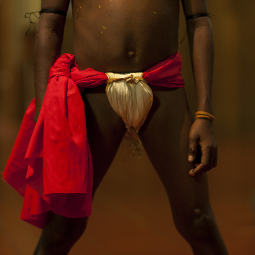 Boy tribal dancer in traditional cothing, Milne Bay Province, Trobriand Island, Papua New Guinea