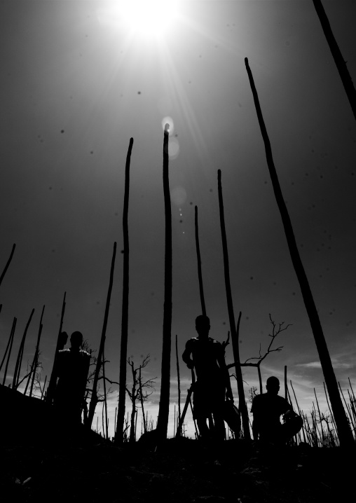 Men digging to find birds eggs in tavurvur volcano sands, East New Britain Province, Rabaul, Papua New Guinea