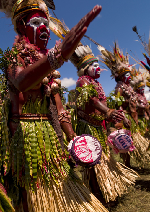 Highlander women with drums in traditional clothing during a sing-sing, Western Highlands Province, Mount Hagen, Papua New Guinea