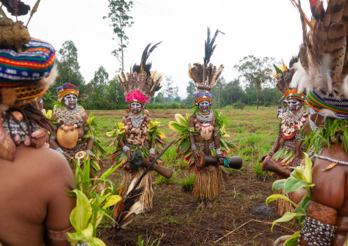 Highlander women with traditional clothing during a sing-sing, Western Highlands Province, Mount Hagen, Papua New Guinea