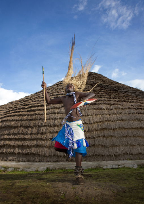Traditional intore dancer during a folklore event in a village of former hunters, Lake Kivu, Ibwiwachu, Rwanda