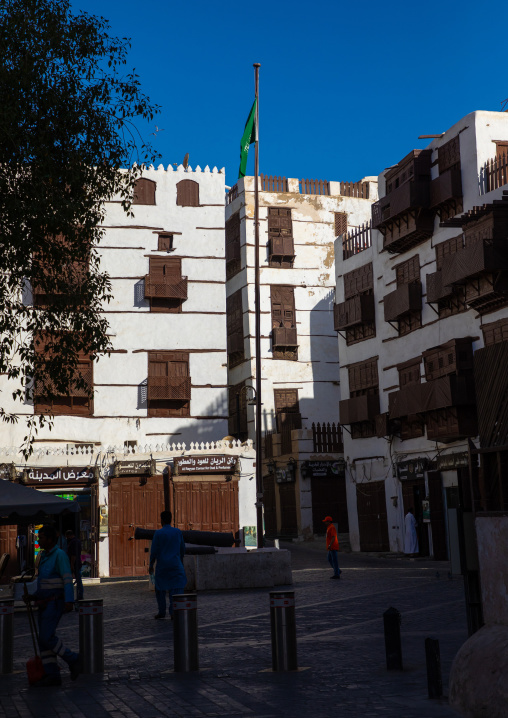 Old houses with wooden mashrabiya in al-Balad quarter, Mecca province, Jeddah, Saudi Arabia