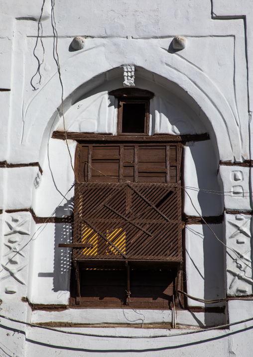 Wooden window of an historic house in the old quarter of al-Balad, Mecca province, Jeddah, Saudi Arabia