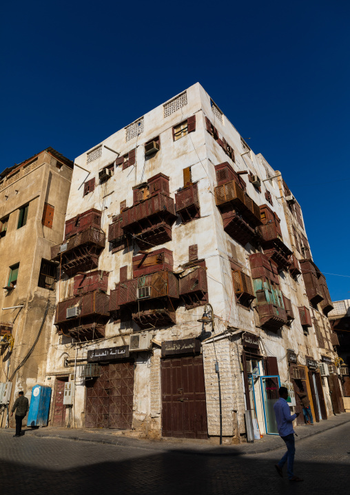 Historic house with wooden mashrabiyas in al-Balad quarter, Mecca province, Jeddah, Saudi Arabia