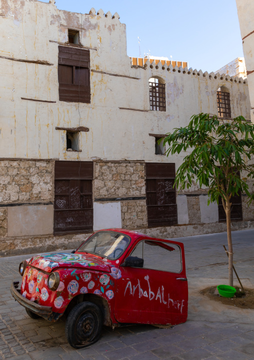Modern art exhibition of an half car in al-Balad quarter, Mecca province, Jeddah, Saudi Arabia