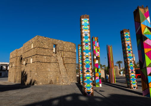 Multi colored modern art columns in bab sharif city gate, Mecca province, Jeddah, Saudi Arabia