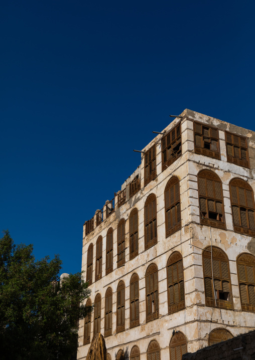 Historic house with wooden mashrabiyas in al-Balad quarter, Mecca province, Jeddah, Saudi Arabia