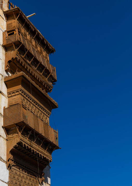 Historic house with wooden mashrabiyas in al-Balad quarter, Mecca province, Jeddah, Saudi Arabia