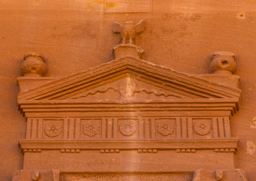 Top of the entrance of a tomb in al-Hijr archaeological site in Madain Saleh, Al Madinah Province, Alula, Saudi Arabia