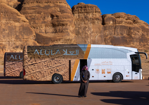 Tourists buses in Madain Saleh archaeological site, Al Madinah Province, Alula, Saudi Arabia