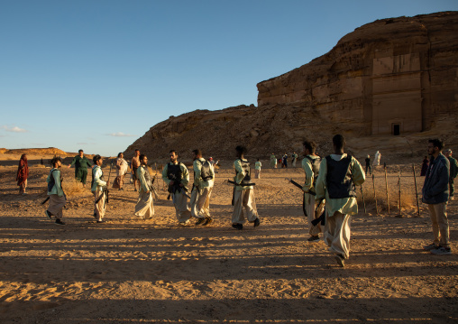 Saudi actors during an historical play in an open air theater in Madain Saleh, Al Madinah Province, Alula, Saudi Arabia