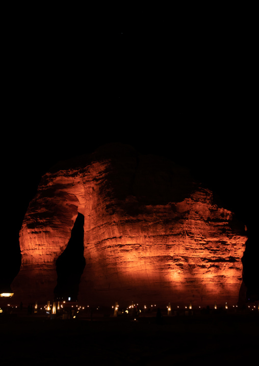 Elephant rock in Madain Saleh archaeologic site during winter at Tantora festival, Al Madinah Province, Alula, Saudi Arabia