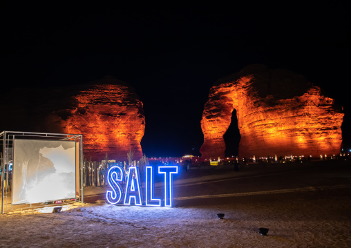 Elephant rock in Madain Saleh archaeologic site during winter at Tantora festival, Al Madinah Province, Alula, Saudi Arabia