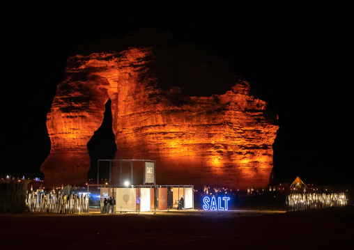 Elephant rock in Madain Saleh archaeologic site during winter at Tantora festival, Al Madinah Province, Alula, Saudi Arabia