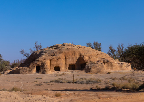 Nabataean tomb in al-Hijr archaeological site in Madain Saleh, Al Madinah Province, Alula, Saudi Arabia