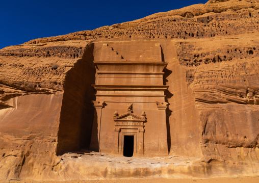 Nabataean tomb in al-Hijr archaeological site in Madain Saleh, Al Madinah Province, Alula, Saudi Arabia