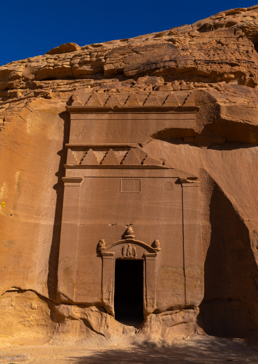 Nabataean tomb in al-Hijr archaeological site in Madain Saleh, Al Madinah Province, Alula, Saudi Arabia