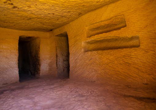 Holes for the coffins inside a tomb in al-Hijr archaeological site in Madain Saleh, Al Madinah Province, Alula, Saudi Arabia