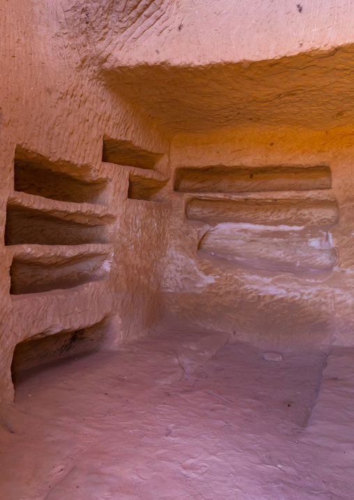 Holes for the coffins inside a tomb in al-Hijr archaeological site in Madain Saleh, Al Madinah Province, Alula, Saudi Arabia
