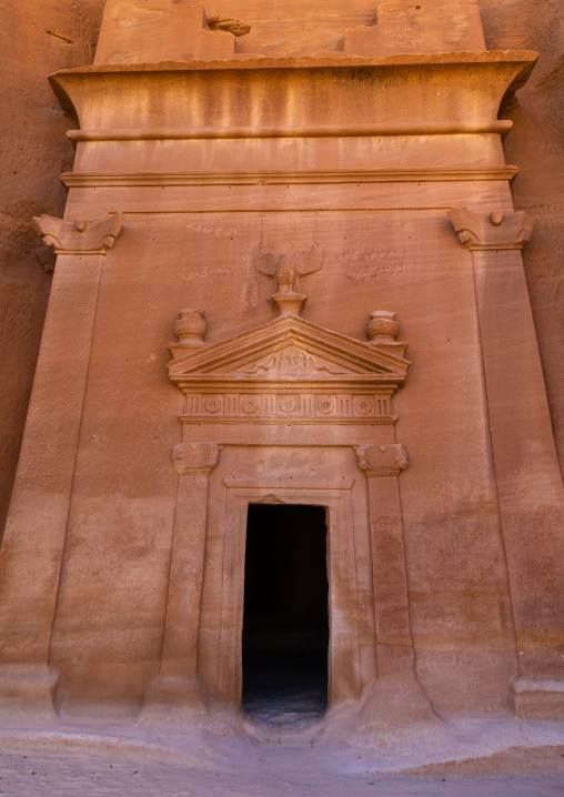 Nabataean tomb in al-Hijr archaeological site in Madain Saleh, Al Madinah Province, Alula, Saudi Arabia