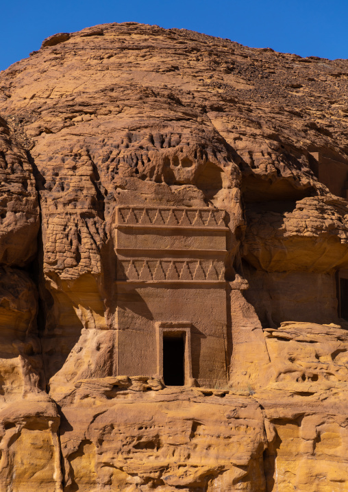 Nabataean tomb in al-Hijr archaeological site in Madain Saleh, Al Madinah Province, Alula, Saudi Arabia