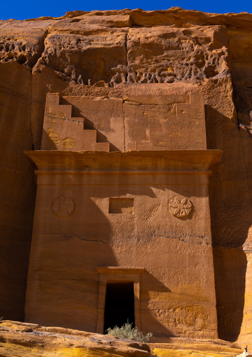 Nabataean tomb in al-Hijr archaeological site in Madain Saleh, Al Madinah Province, Alula, Saudi Arabia
