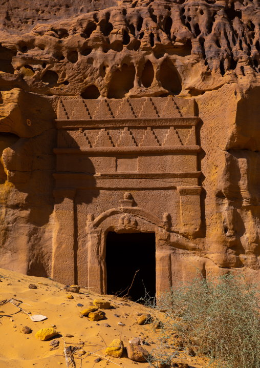 Nabataean tomb in al-Hijr archaeological site in Madain Saleh, Al Madinah Province, Alula, Saudi Arabia
