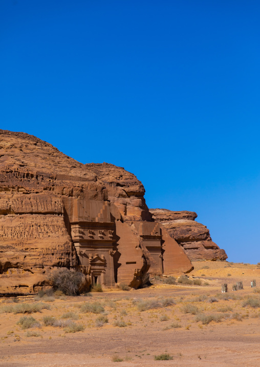 Nabataean tomb in al-Hijr archaeological site in Madain Saleh, Al Madinah Province, Alula, Saudi Arabia