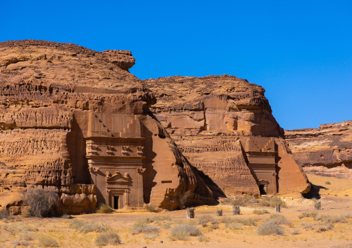 Nabataean tombs in al-Hijr archaeological site in Madain Saleh, Al Madinah Province, Alula, Saudi Arabia