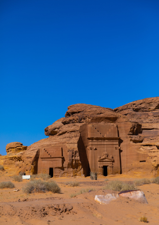 Nabataean tomb in al-Hijr archaeological site in Madain Saleh, Al Madinah Province, Alula, Saudi Arabia