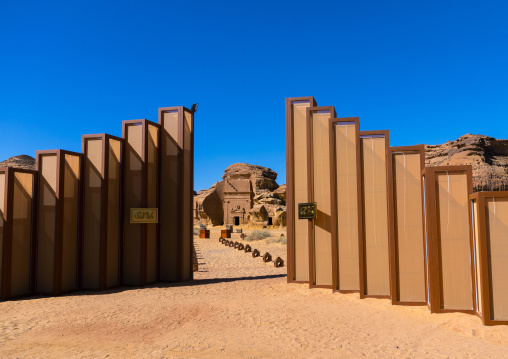 Restaurant in the middle of nabataean tombs in Madain Saleh for Tantora festival, Alula, Saudi Arabia