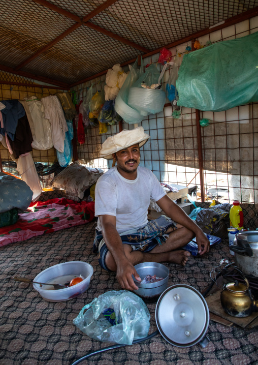 Beekeeper in his small house, Jizan province, Addarb, Saudi Arabia