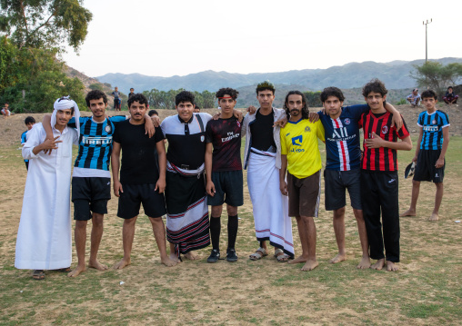 Saudi young men playing football, Jizan province, Alaydabi, Saudi Arabia