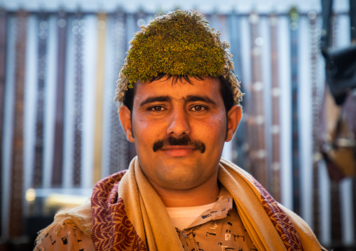 Portrait of a flower man wearing a floral crown on the head, Jizan province, Addayer, Saudi Arabia