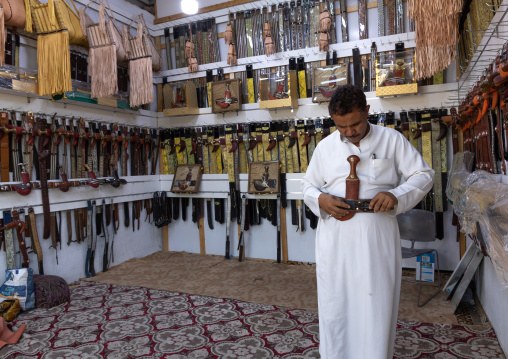 Portrait of saudi man selling jambiyas, Najran Province, Najran, Saudi Arabia