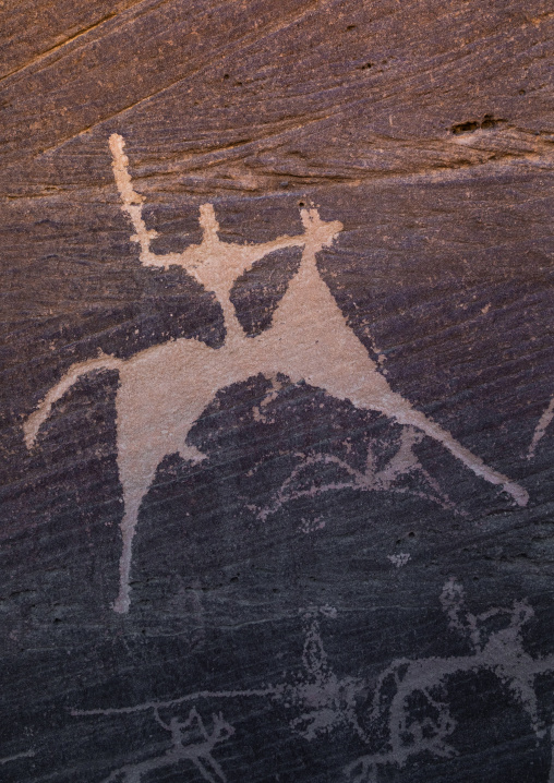 Petroglyphs of a man hunting on a horse, Najran Province, Minshaf, Saudi Arabia