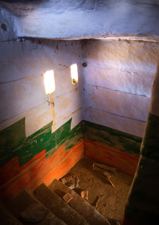Colorful painted stairs in a traditional mud house, Asir province, Dahran Aljanub, Saudi Arabia