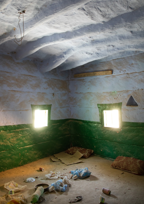 Al-qatt al-asiri traditionally female interior wall decoration in an abandonned house, Asir province, Dahran Aljanub, Saudi Arabia