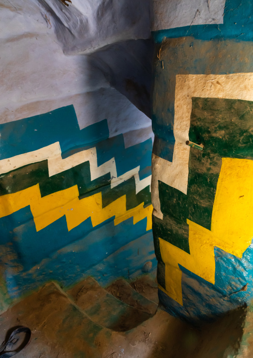 Colorful painted stairs in a traditional mud house, Asir province, Dahran Aljanub, Saudi Arabia