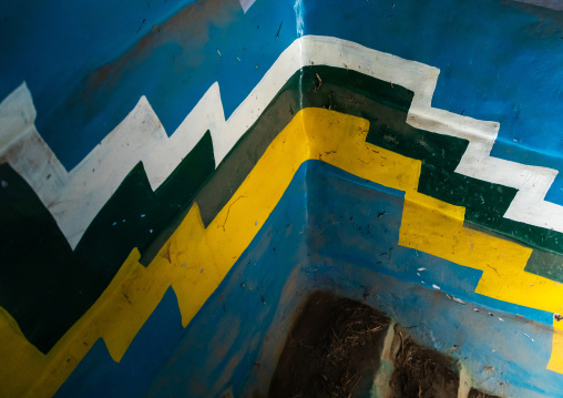 Colorful painted stairs in a traditional mud house, Asir province, Dahran Aljanub, Saudi Arabia