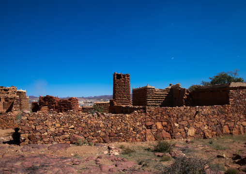 Red stone and mud houses with slates in a village, Asir province, Sarat Abidah, Saudi Arabia
