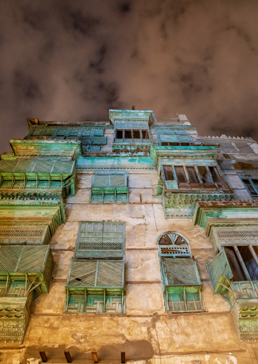 Historic house with wooden mashrabiyas in al-Balad quarter at night, Mecca province, Jeddah, Saudi Arabia