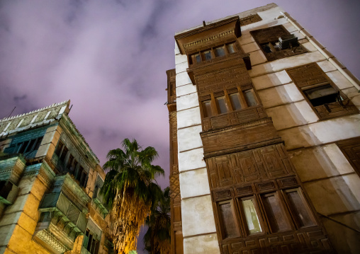 Historic house with wooden mashrabiyas in al-Balad quarter at night, Mecca province, Jeddah, Saudi Arabia