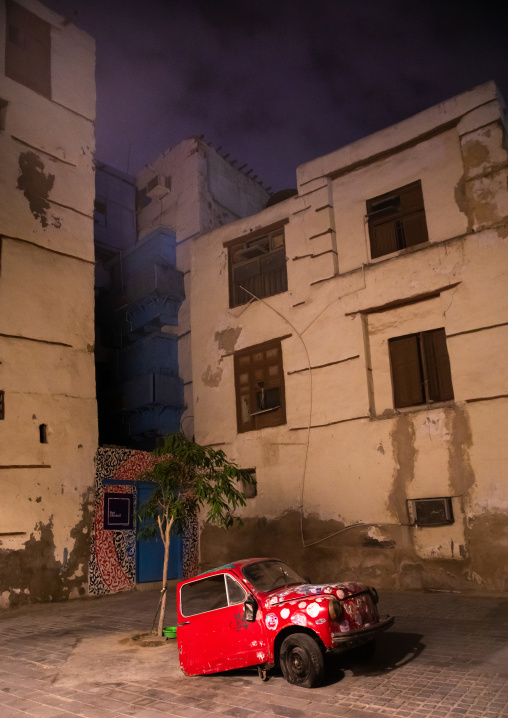 Modern art exhibition of an half car in al-Balad quarter, Mecca province, Jeddah, Saudi Arabia