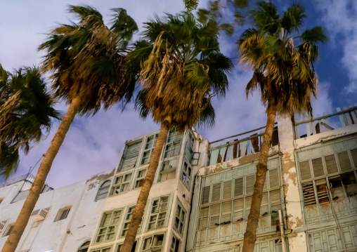 Historic house with wooden mashrabiyas in al-Balad quarter at night, Mecca province, Jeddah, Saudi Arabia