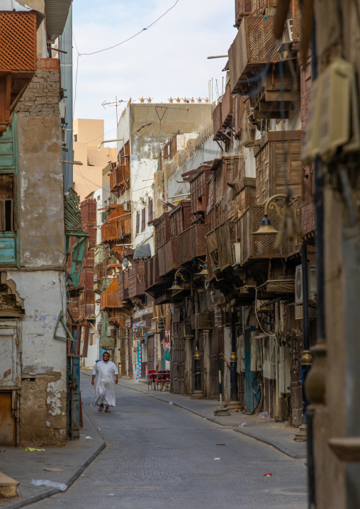 Old house with wooden mashrabiya in al-Balad quarter, Mecca province, Jeddah, Saudi Arabia