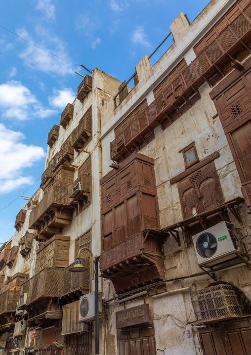 Old houses with wooden mashrabiyas in al-Balad quarter, Mecca province, Jeddah, Saudi Arabia