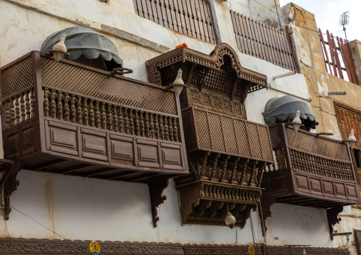Old house with wooden mashrabiya in al-Balad quarter, Mecca province, Jeddah, Saudi Arabia