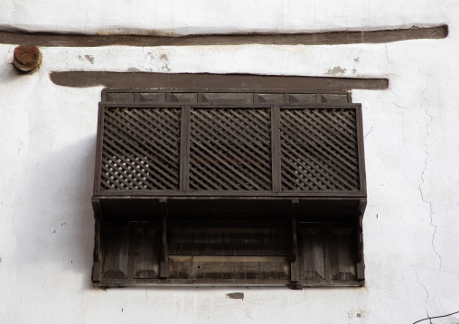 Wooden mashrabiya of an old house in al-Balad quarter, Mecca province, Jeddah, Saudi Arabia